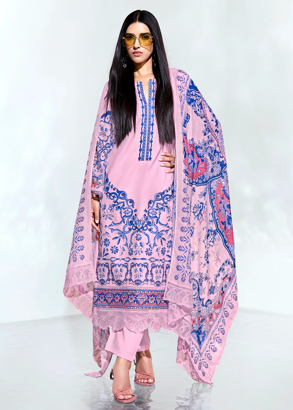 Pink Linen Printed & Embroidered Pant Style Suit