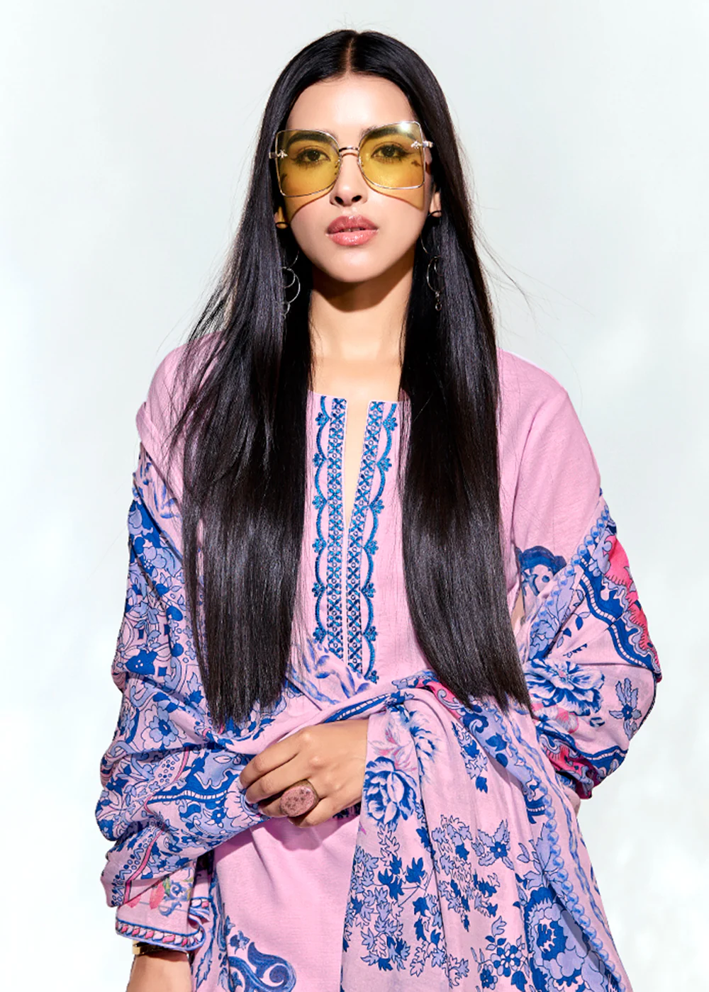 Pink Linen Printed & Embroidered Pant Style Suit - Image 2