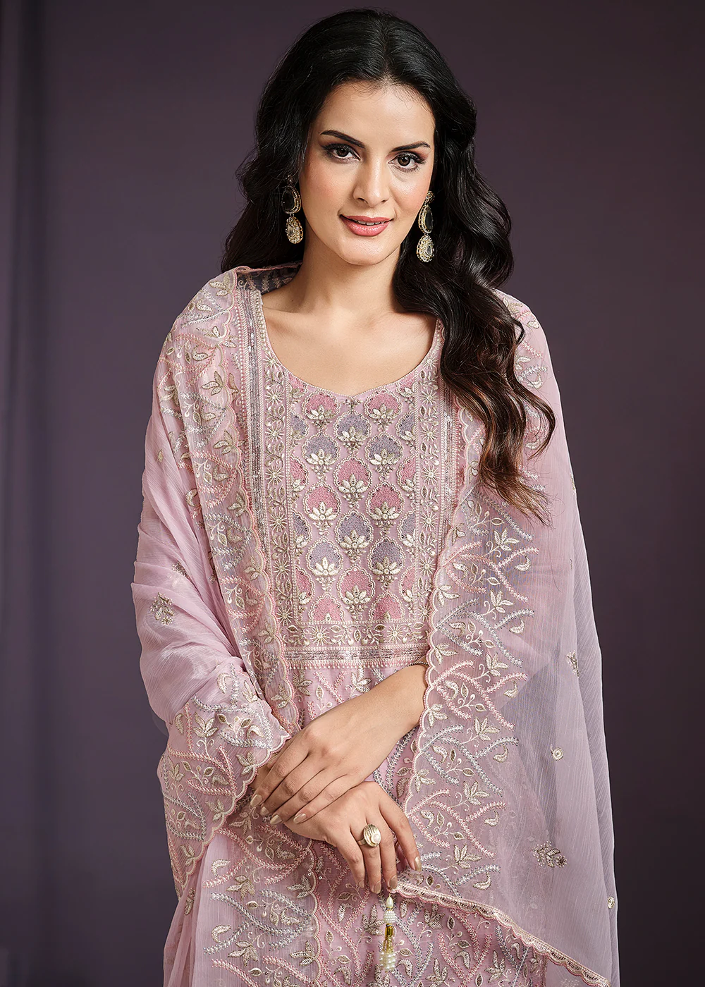 Pink Lucknowi Embroidered Chiffon Festive Salwar Suit - Image 2