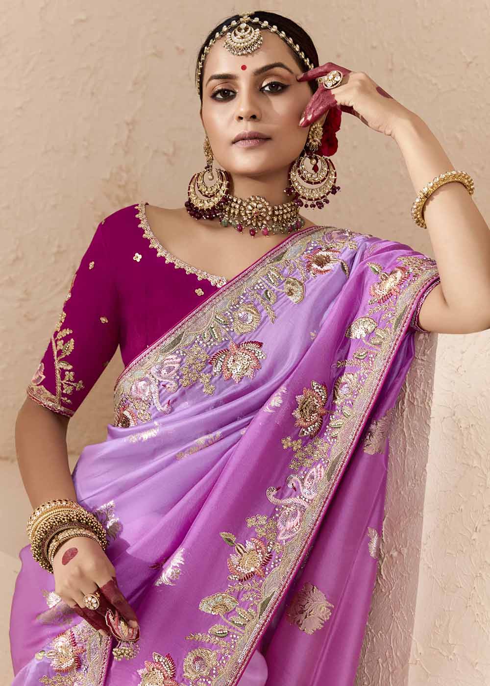 Pink & Magenta Fancy Fabric Embroidered Designer Saree - Image 2