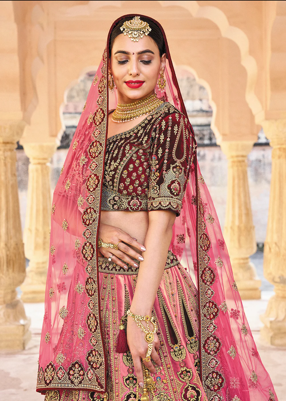 Pink & Maroon Bridal Wear Heavy Embroidered Silk Lehenga Choli - Image 2