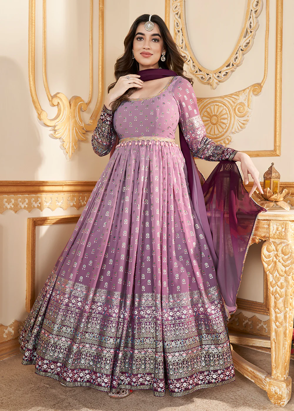 Pink Metalic Foil Work Embroidered Wedding Festive Anarkali Gown - Image 4