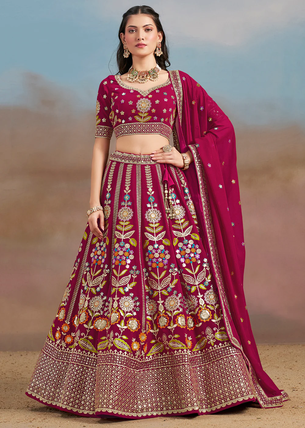Pink Multi Color Threads Work Festive Lehenga Choli