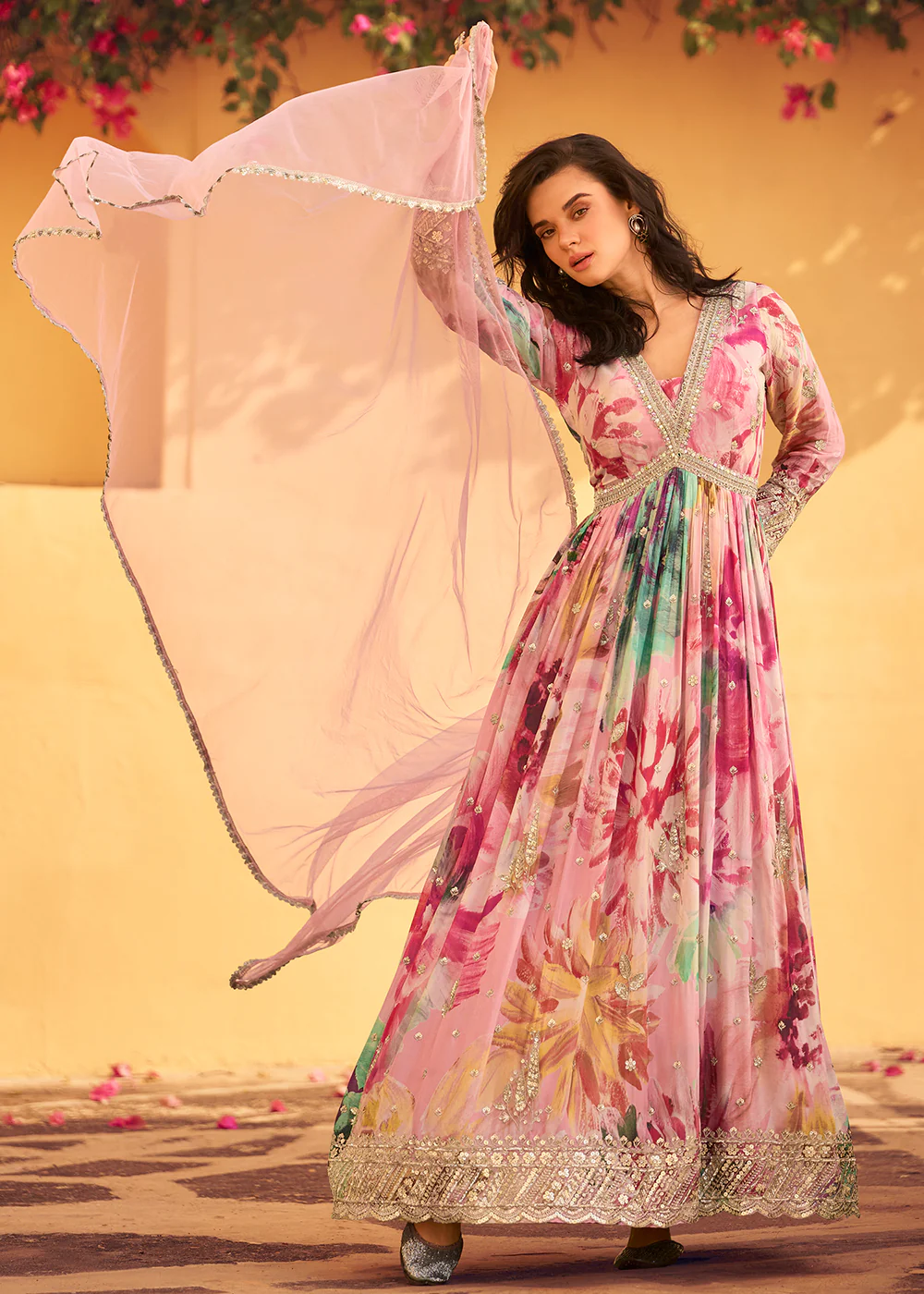 Pink Multi Embroidered Wedding Festive Anarkali Gown