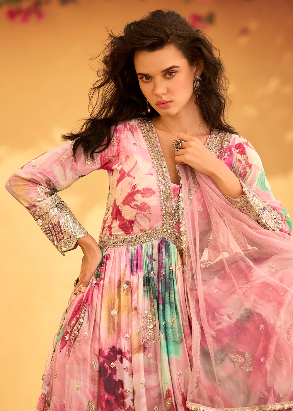 Pink Multi Embroidered Wedding Festive Anarkali Gown - Image 2