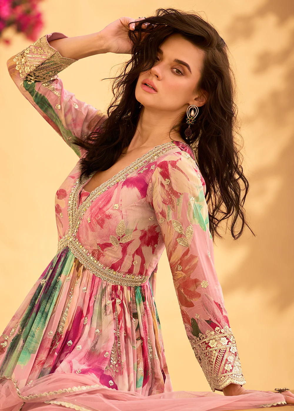 Pink Multi Embroidered Wedding Festive Anarkali Gown - Image 5