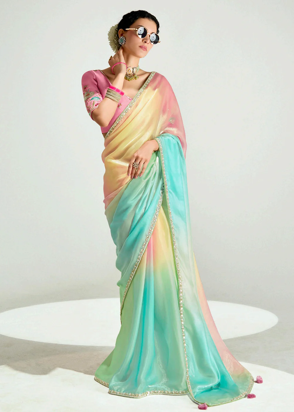 Pink & Multi Organza Tissue Designer Party Wear Saree