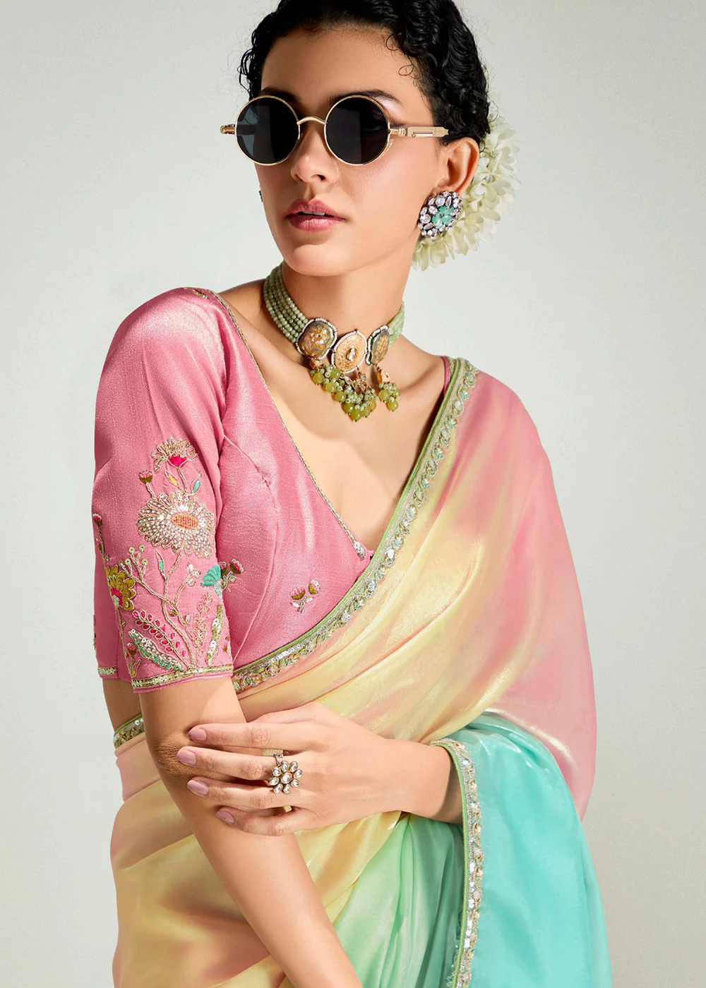 Pink & Multi Organza Tissue Designer Party Wear Saree - Image 2