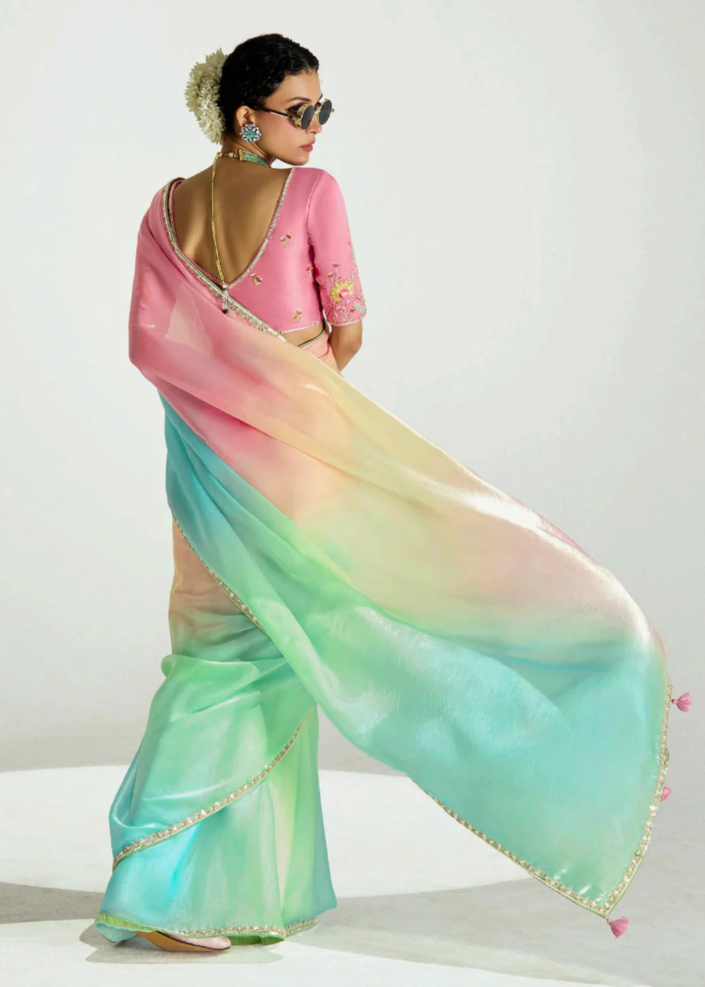 Pink & Multi Organza Tissue Designer Party Wear Saree - Image 3
