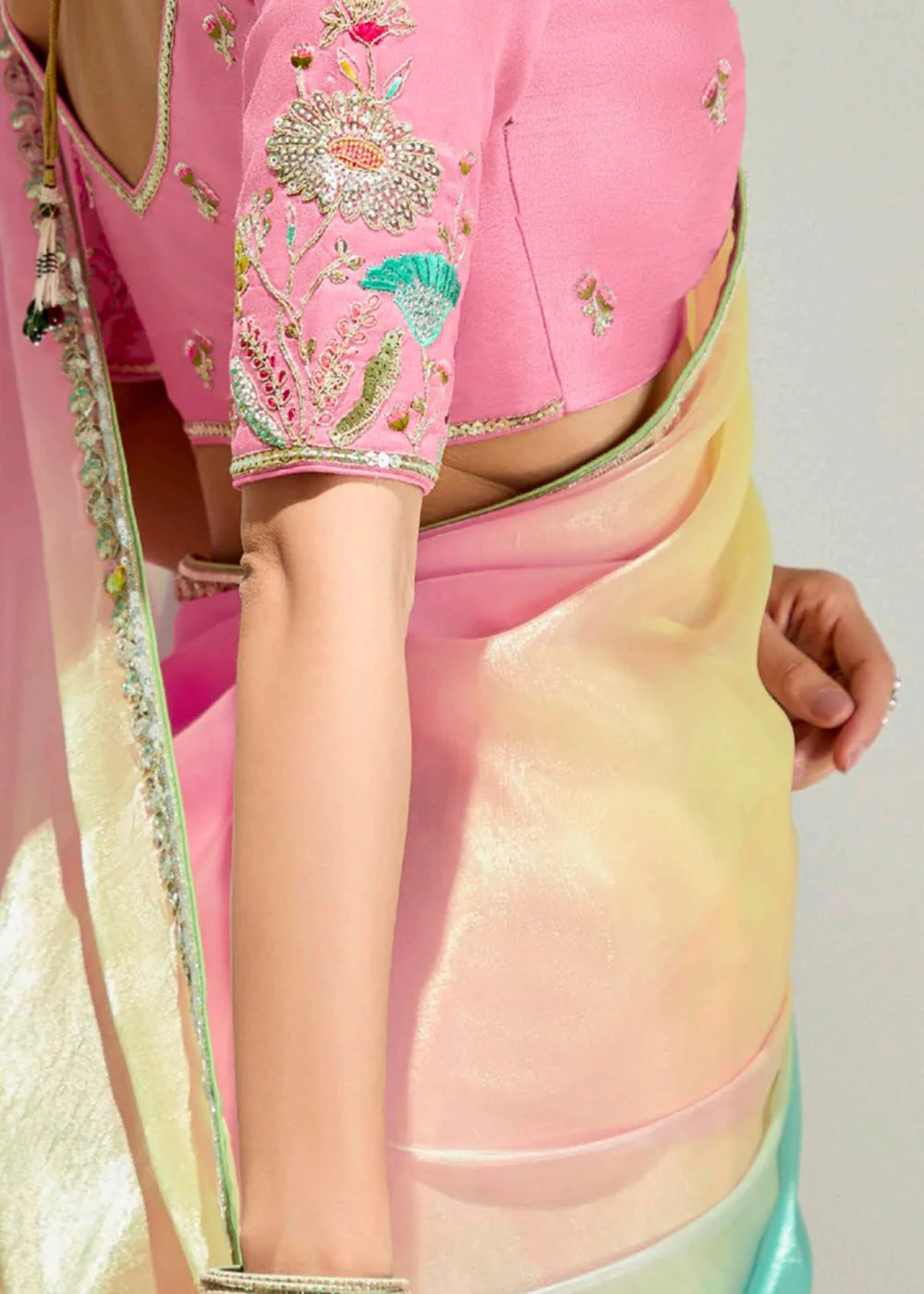 Pink & Multi Organza Tissue Designer Party Wear Saree - Image 4