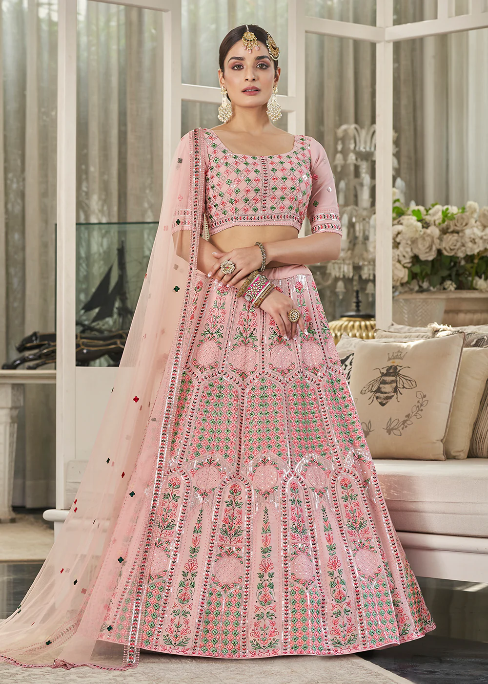Pink Multi Sequins & Thread Wedding A Line Lehenga