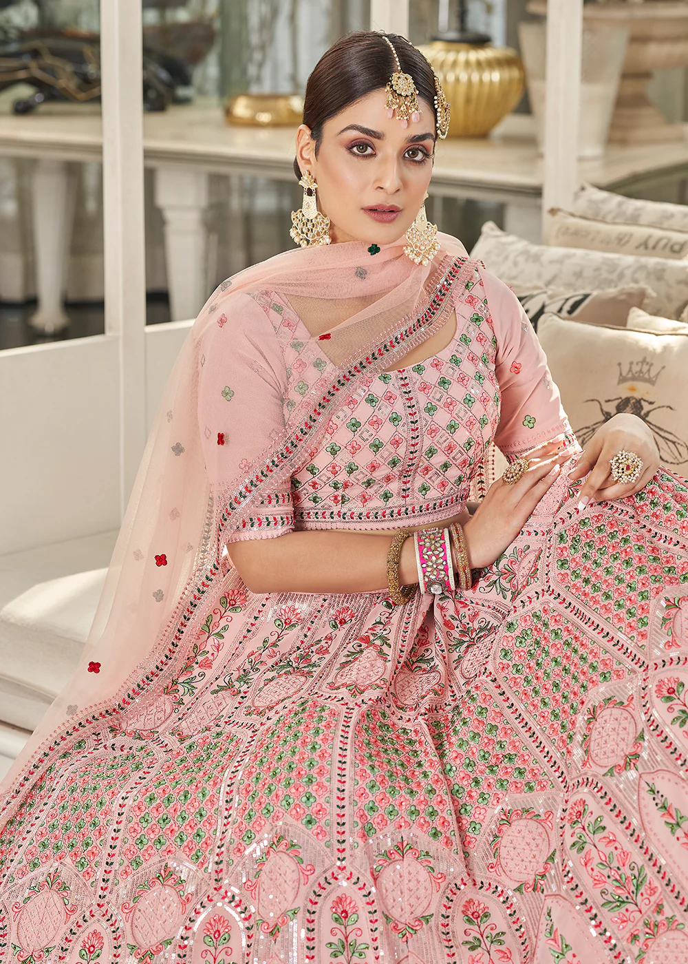 Pink Multi Sequins & Thread Wedding A Line Lehenga - Image 2