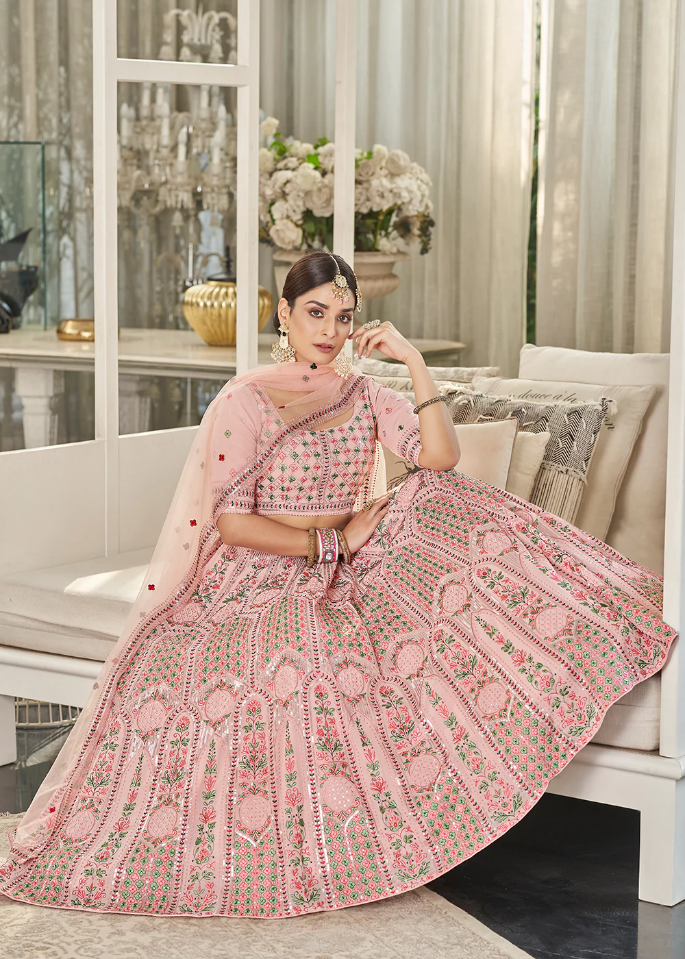 Pink Multi Sequins & Thread Wedding A Line Lehenga - Image 3