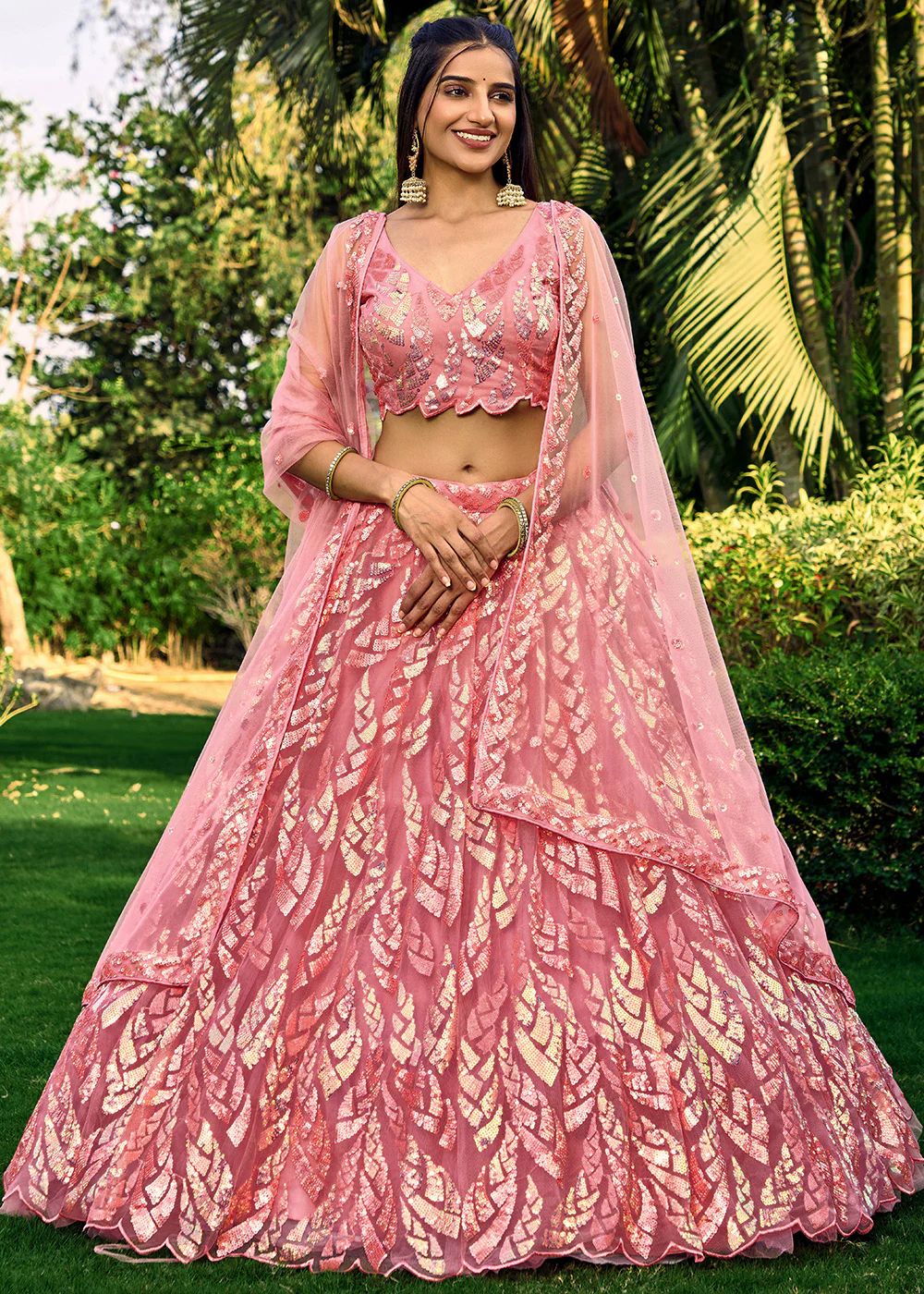 Pink Multi Sequins & Thread Wedding Lehenga Choli