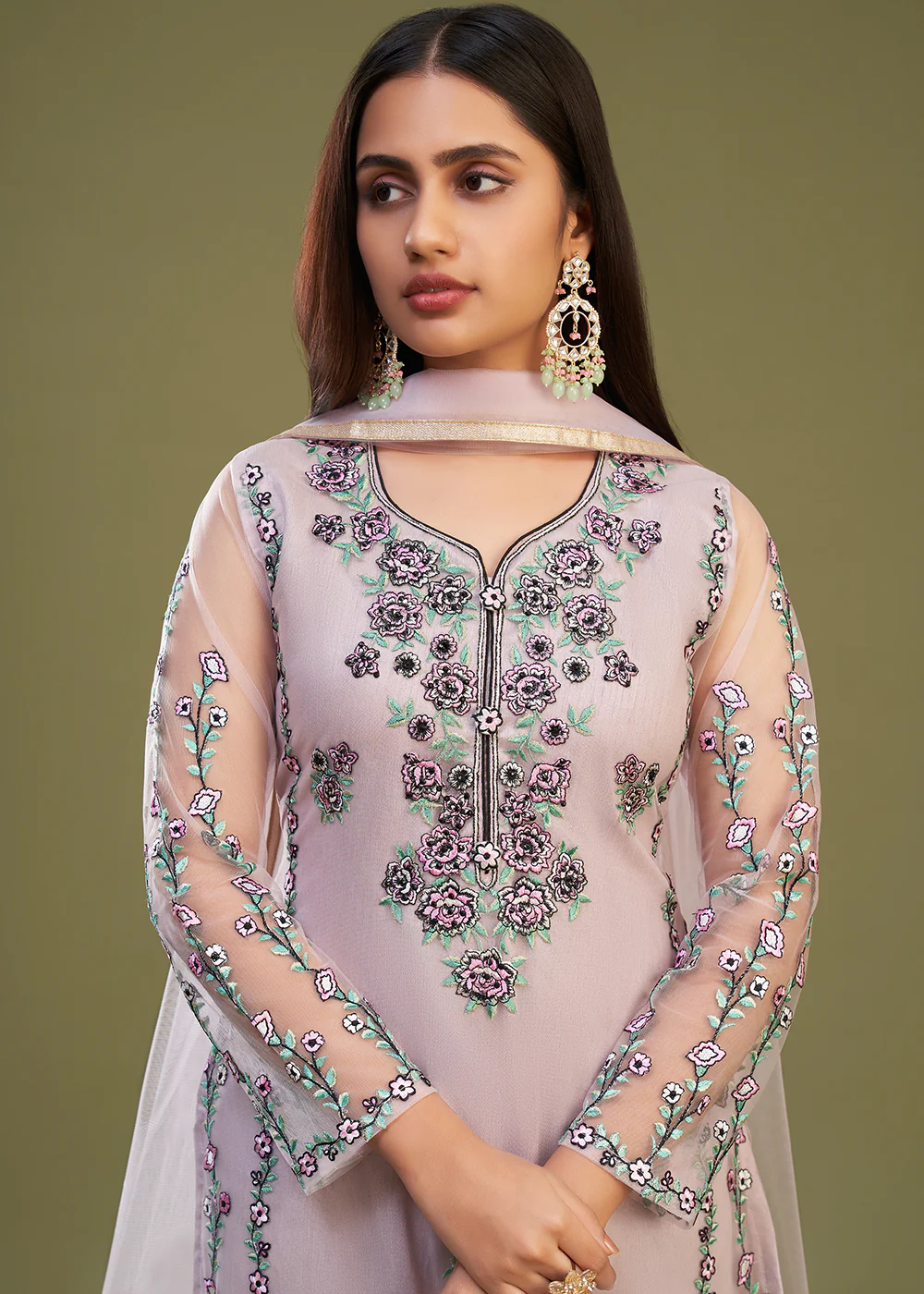 Pink Multi Thread Embroidered Net Salwar Suit - Image 2