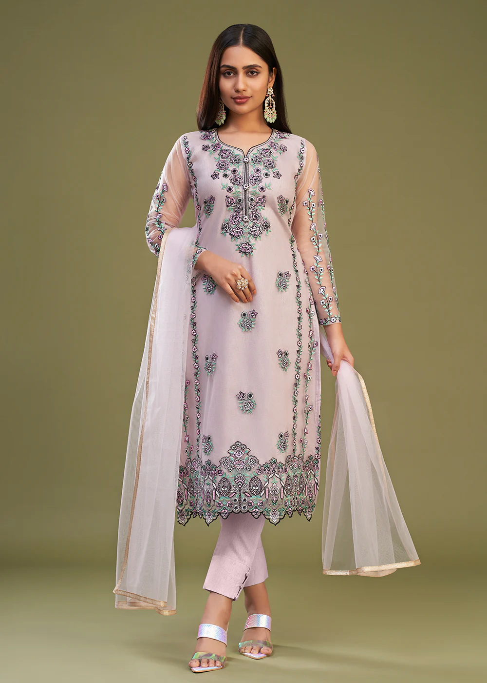 Pink Multi Thread Embroidered Net Salwar Suit - Image 3
