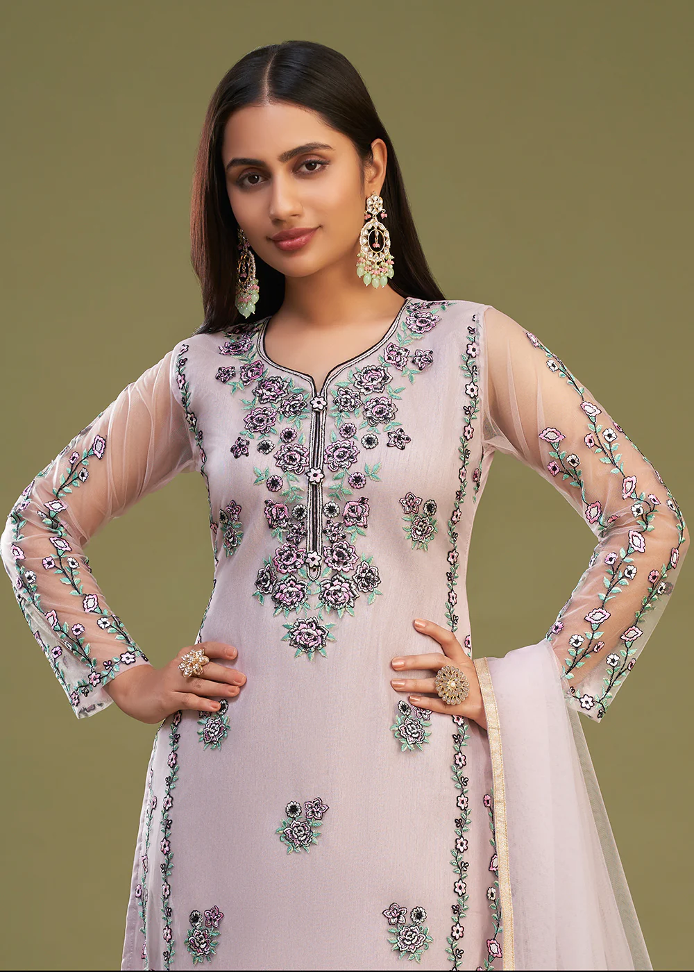 Pink Multi Thread Embroidered Net Salwar Suit - Image 4