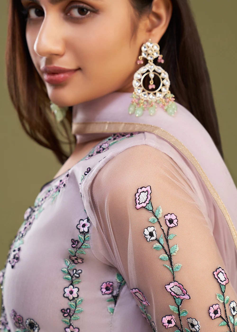 Pink Multi Thread Embroidered Net Salwar Suit - Image 5