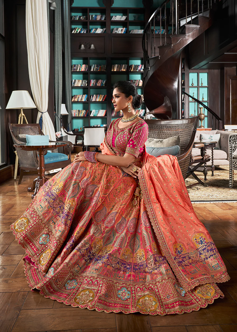 Pink Multicolor Banarasi Silk Embroidered Bridal Lehenga Choli - Image 4