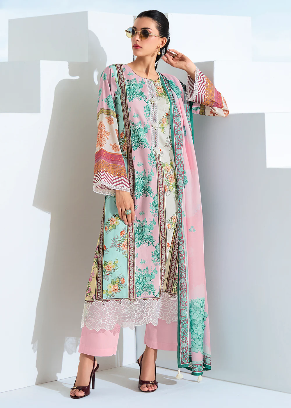 Pink Multicolor Digital Printed Festive Pant Style Suit