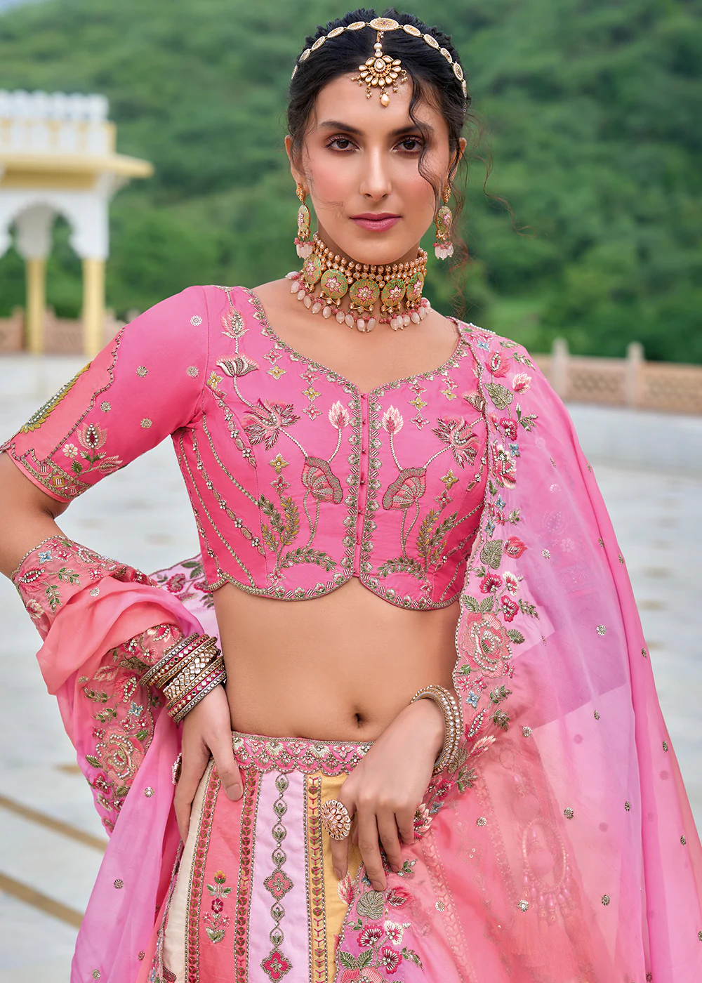 Pink Multicolor Heavy Embroidered Bridal Style Lehenga Choli - Image 2