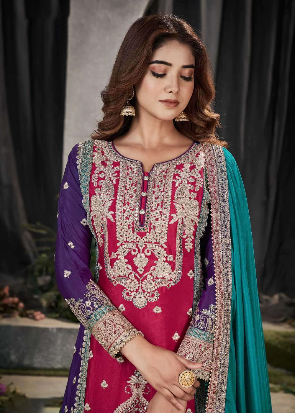 Pink Multicolor Mirror Embroidered Punjabi Style Palazzo Suit - Image 2