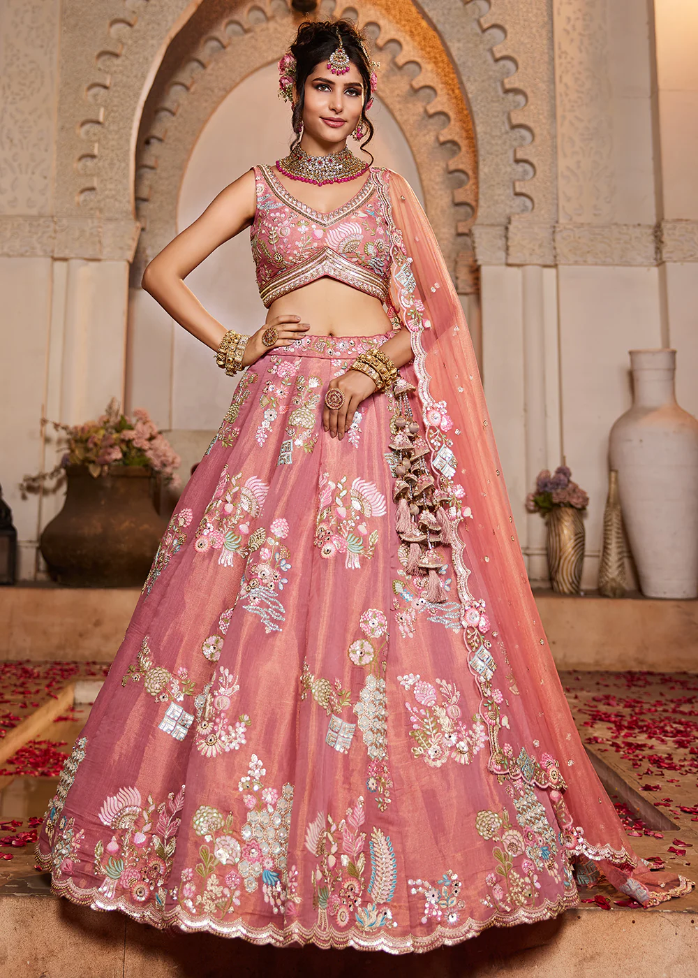 Pink Net Bridal Embroidered Designer Lehenga Choli