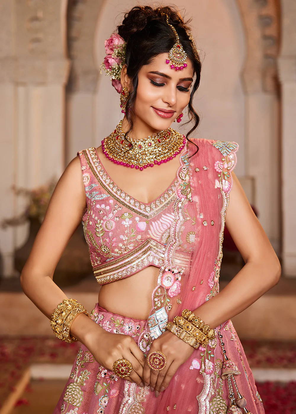 Pink Net Bridal Embroidered Designer Lehenga Choli - Image 2