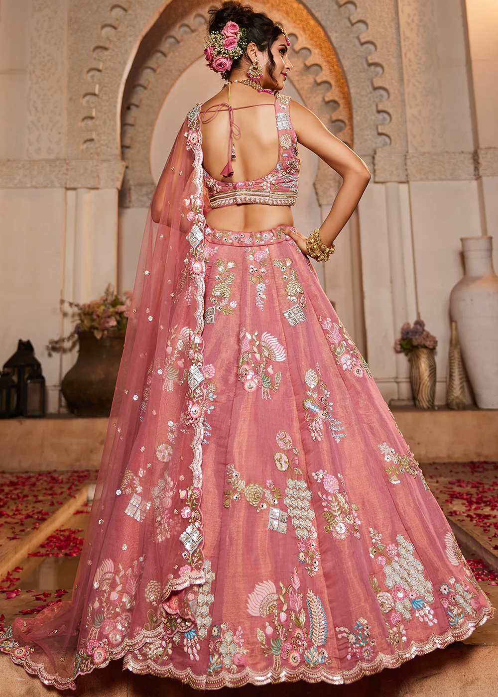 Pink Net Bridal Embroidered Designer Lehenga Choli - Image 3