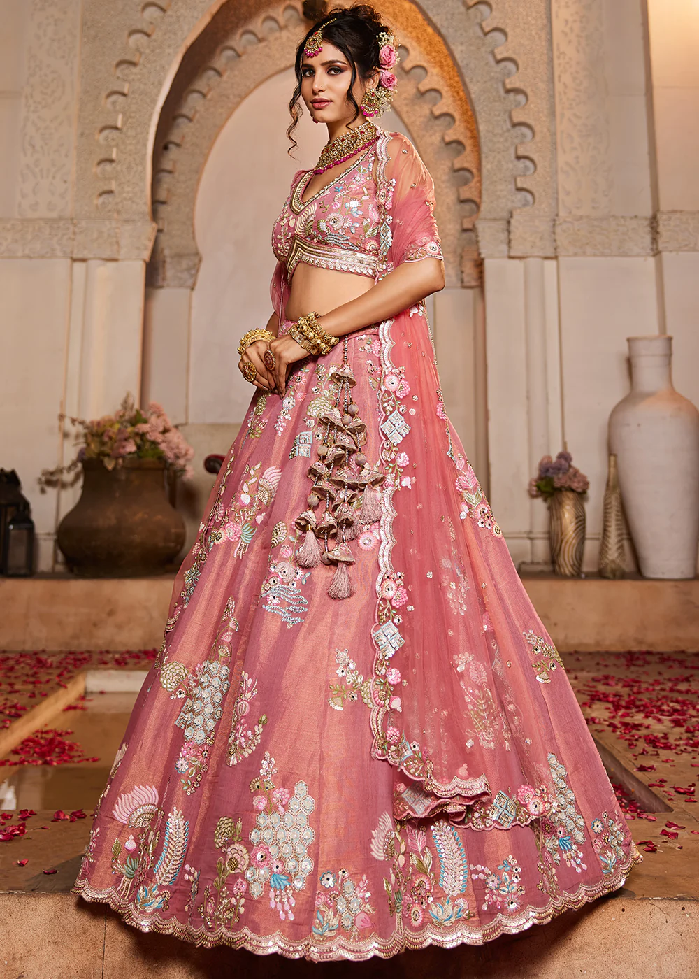 Pink Net Bridal Embroidered Designer Lehenga Choli - Image 4