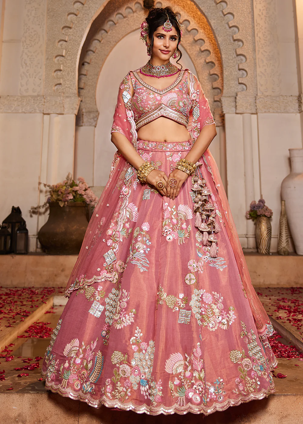 Pink Net Bridal Embroidered Designer Lehenga Choli - Image 5