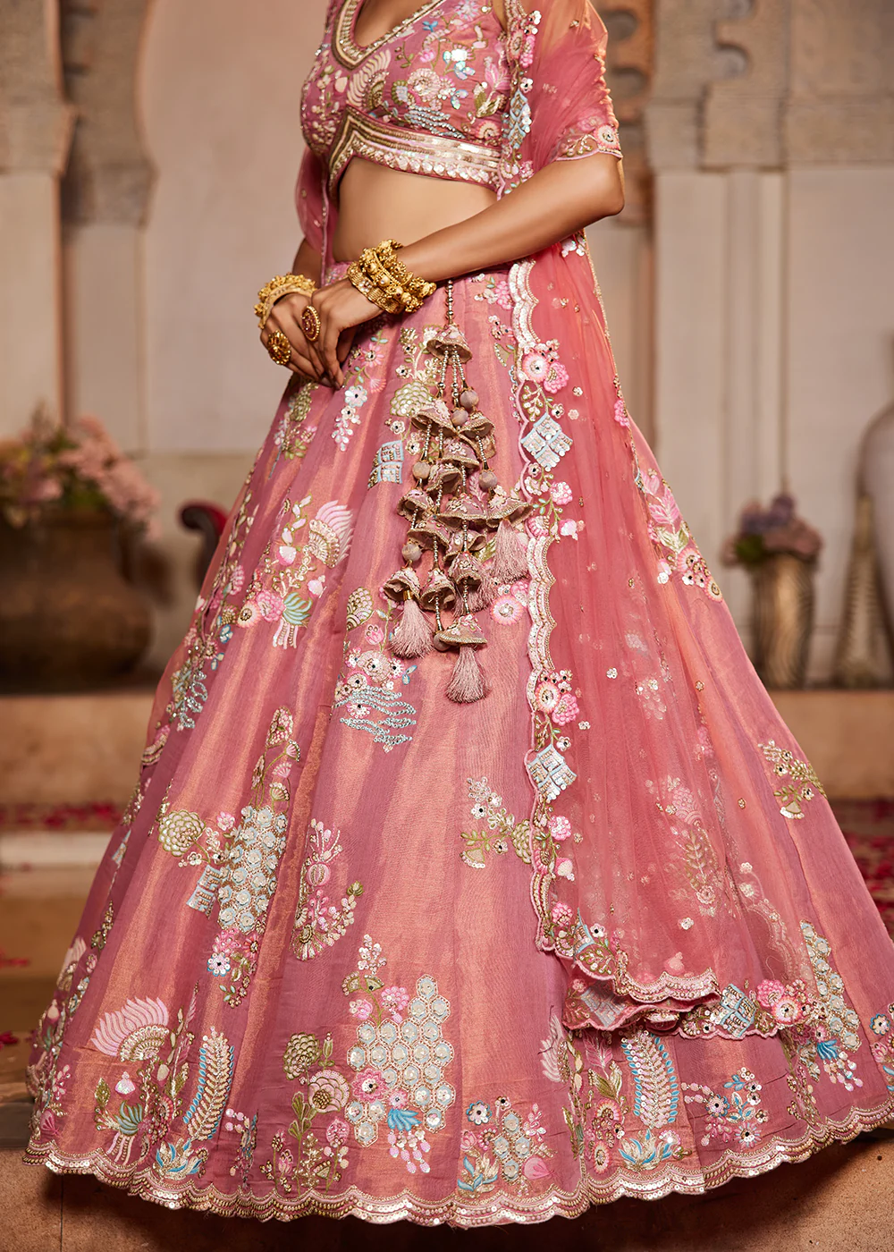 Pink Net Bridal Embroidered Designer Lehenga Choli - Image 6