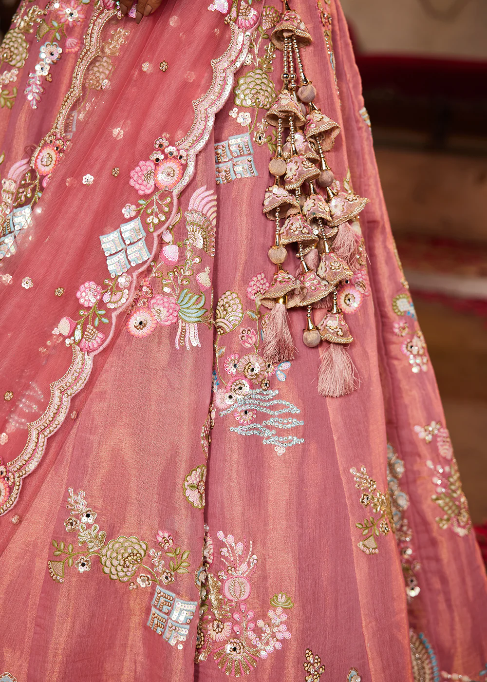 Pink Net Bridal Embroidered Designer Lehenga Choli - Image 7