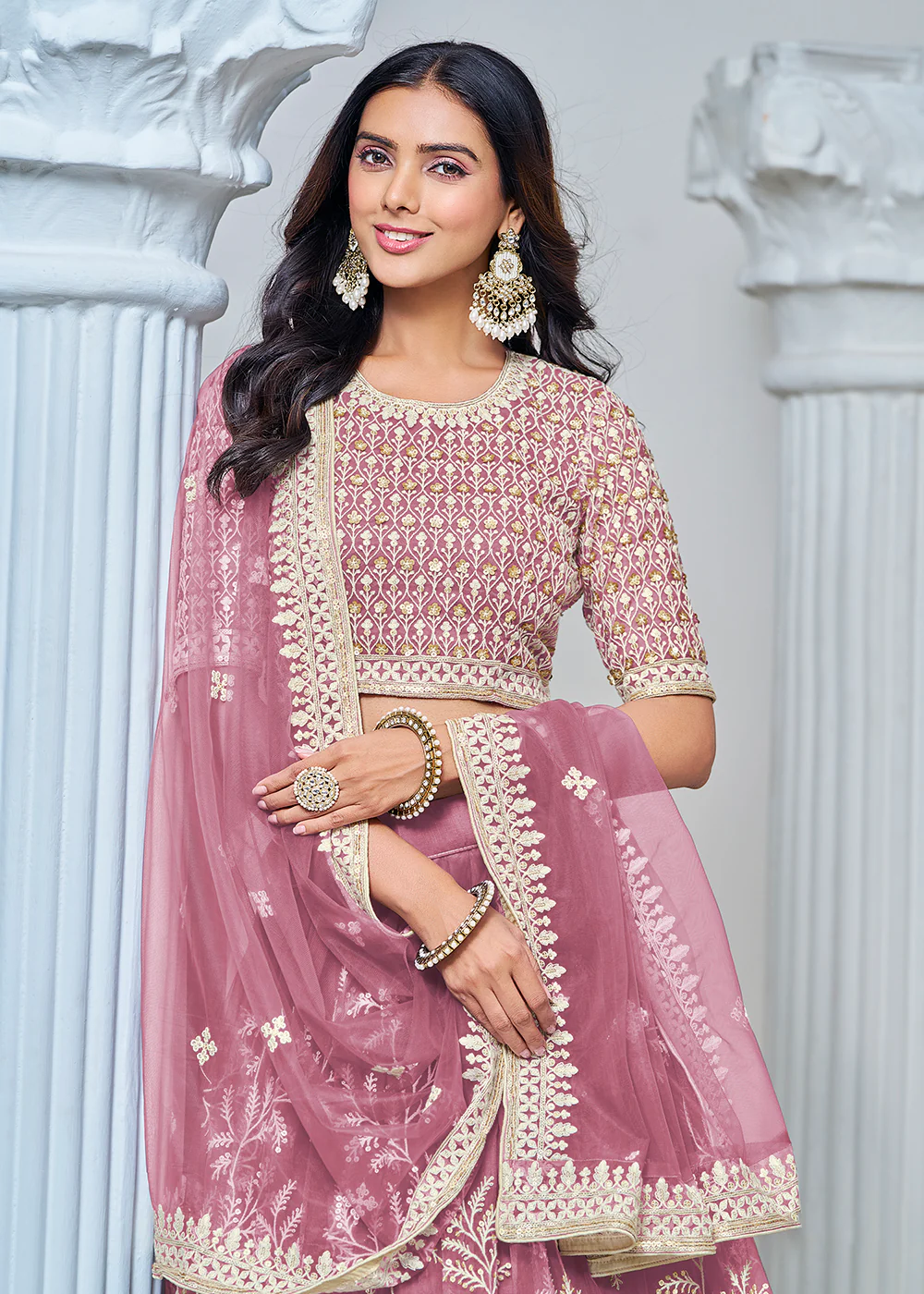 Pink Net Embroidered Wedding Festive Lehenga Choli - Image 2