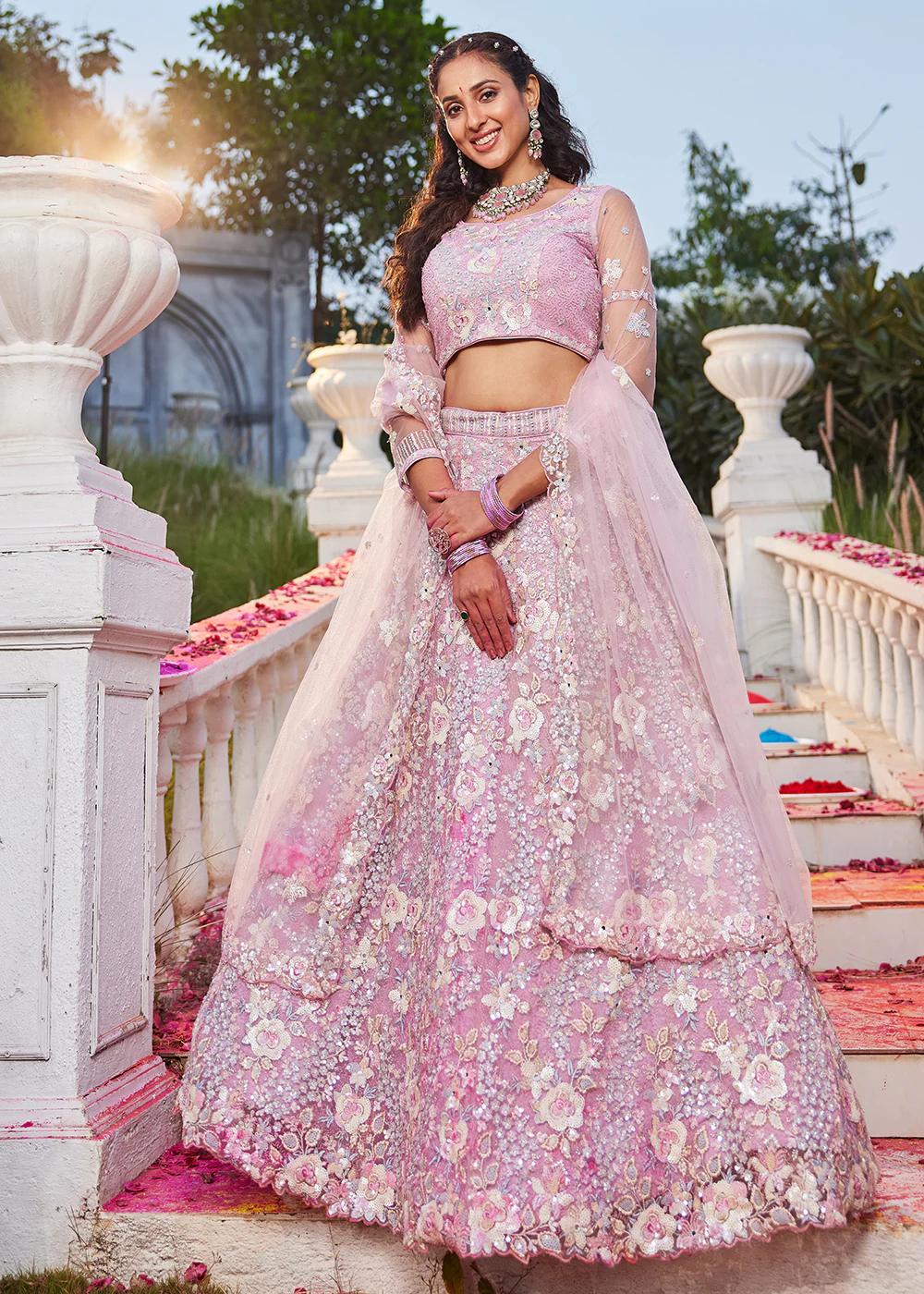 Pink Net Sequins & Zarkan Embroidered Bridal Lehenga Choli
