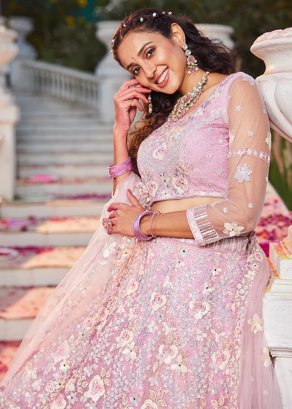 Pink Net Sequins & Zarkan Embroidered Bridal Lehenga Choli - Image 2