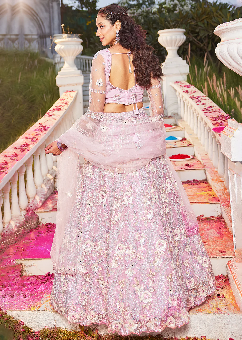 Pink Net Sequins & Zarkan Embroidered Bridal Lehenga Choli - Image 3