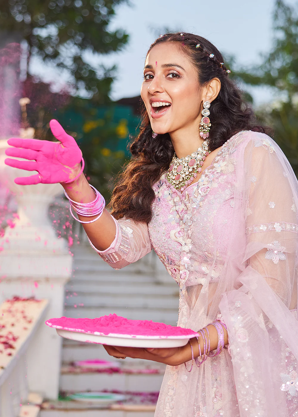 Pink Net Sequins & Zarkan Embroidered Bridal Lehenga Choli - Image 4