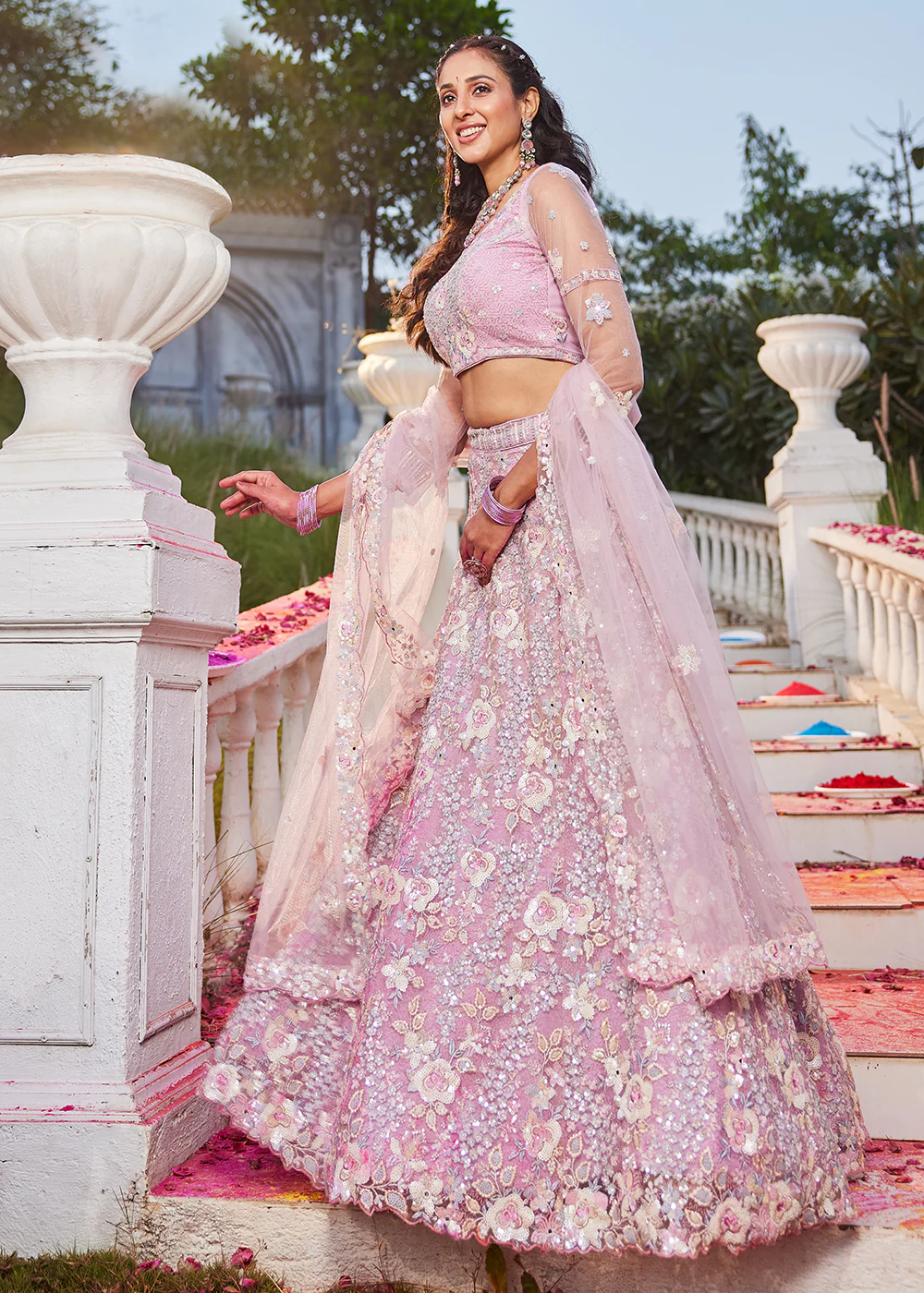 Pink Net Sequins & Zarkan Embroidered Bridal Lehenga Choli - Image 5
