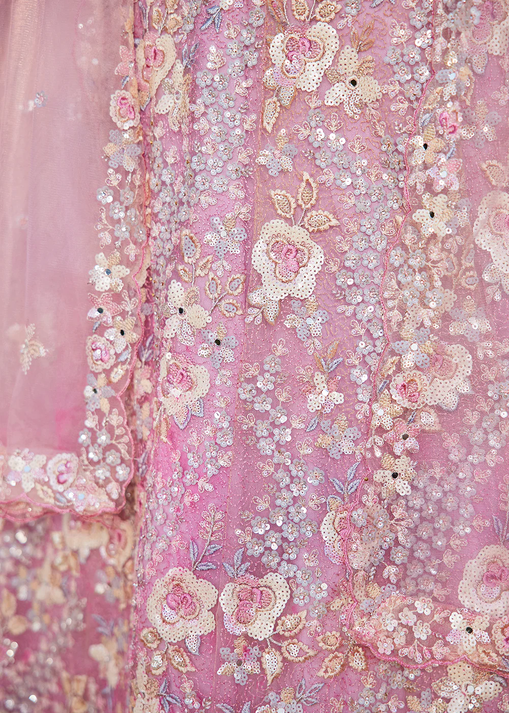 Pink Net Sequins & Zarkan Embroidered Bridal Lehenga Choli - Image 6
