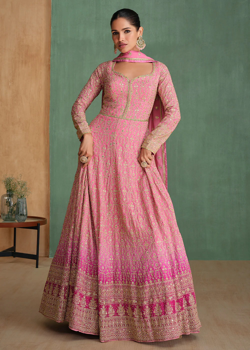 Pink Ombre Embroidered Heavy Wedding Anarkali Gown