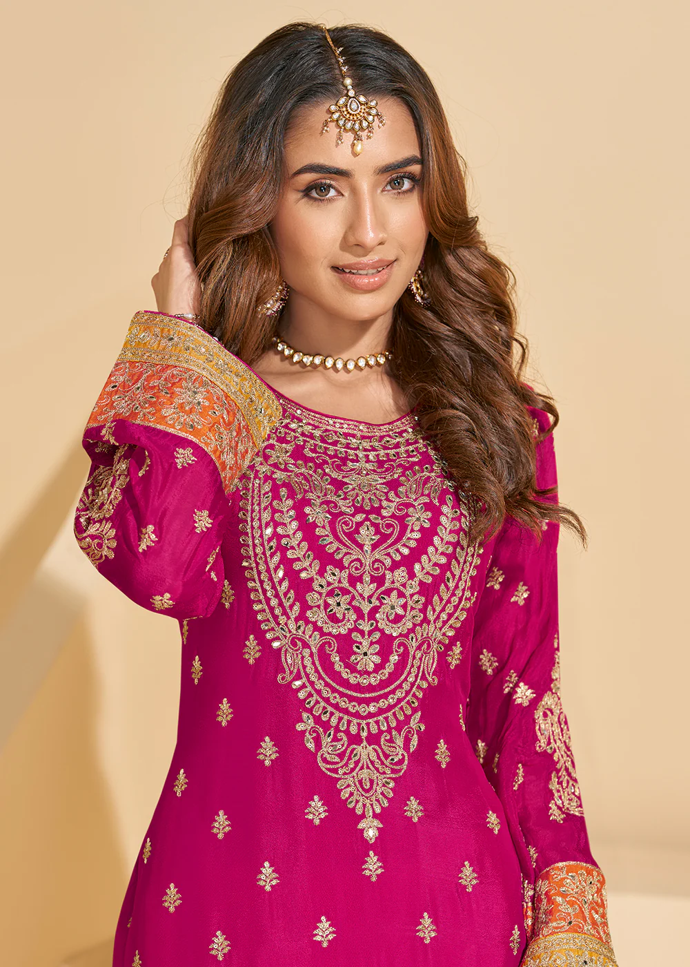 Pink & Orange Chinnon Silk Palazzo Style Suit - Image 2