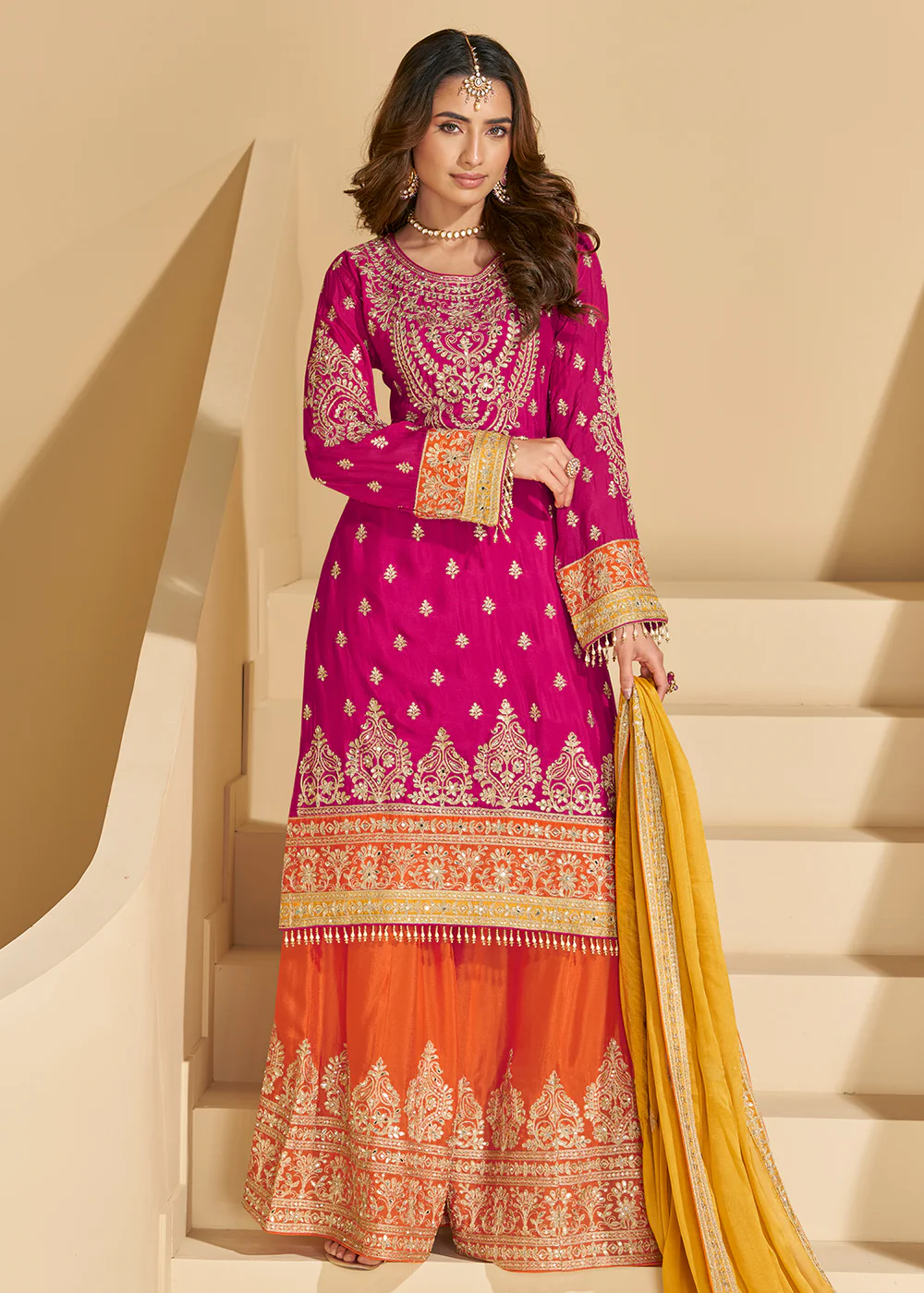 Pink & Orange Chinnon Silk Palazzo Style Suit - Image 3