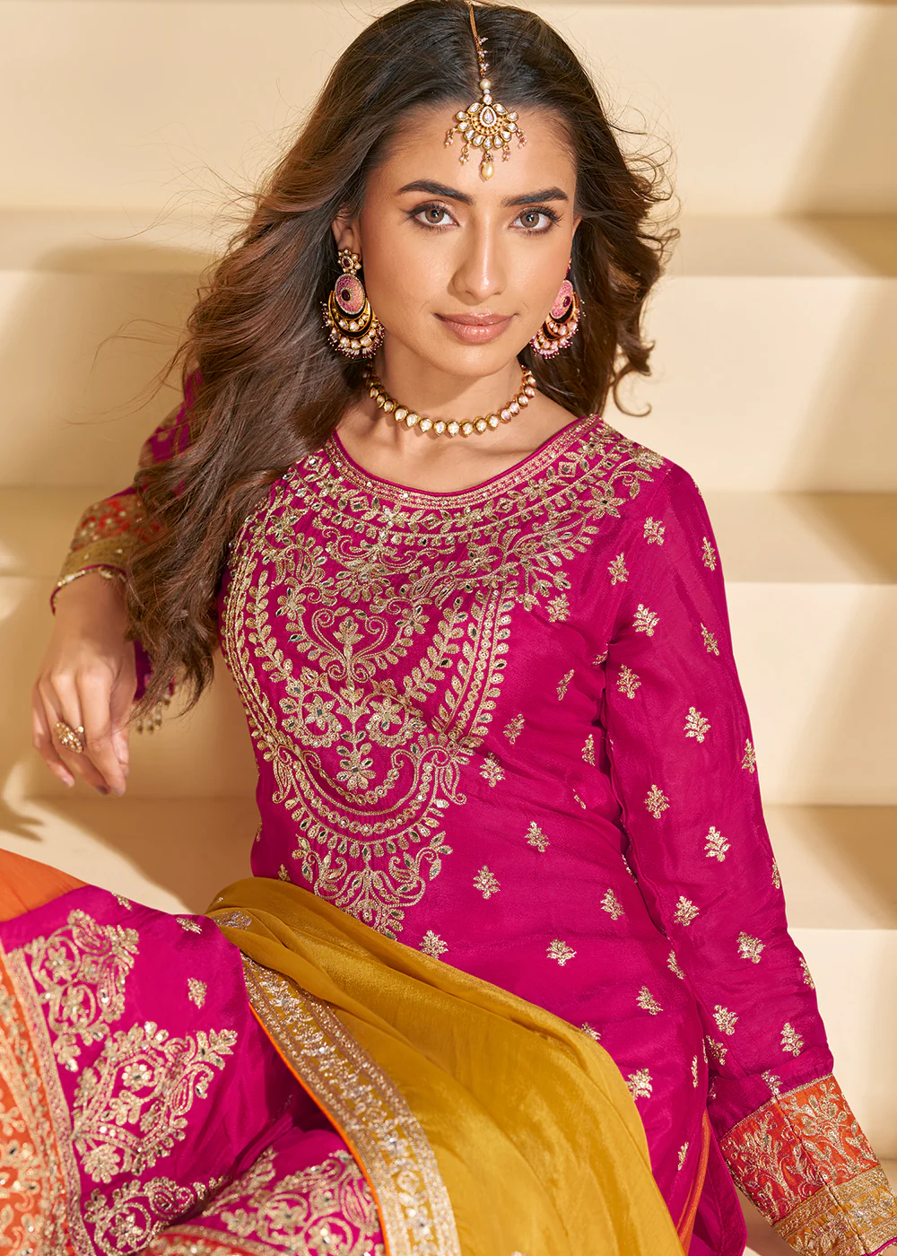Pink & Orange Chinnon Silk Palazzo Style Suit - Image 4
