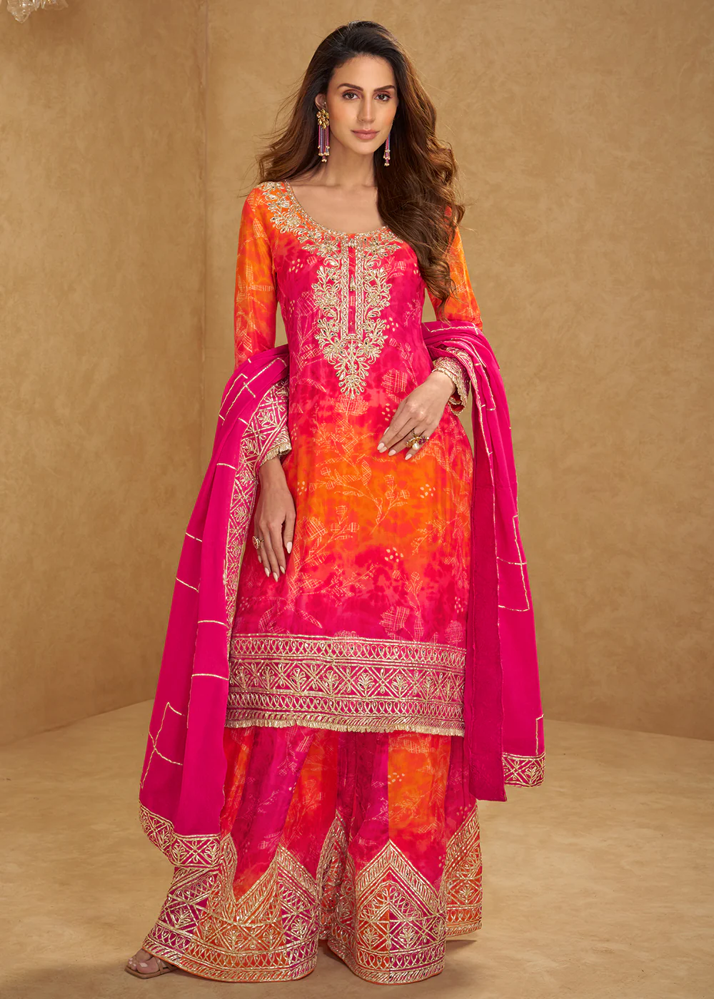 Pink & Orange Embroidered Festive Sharara Suit