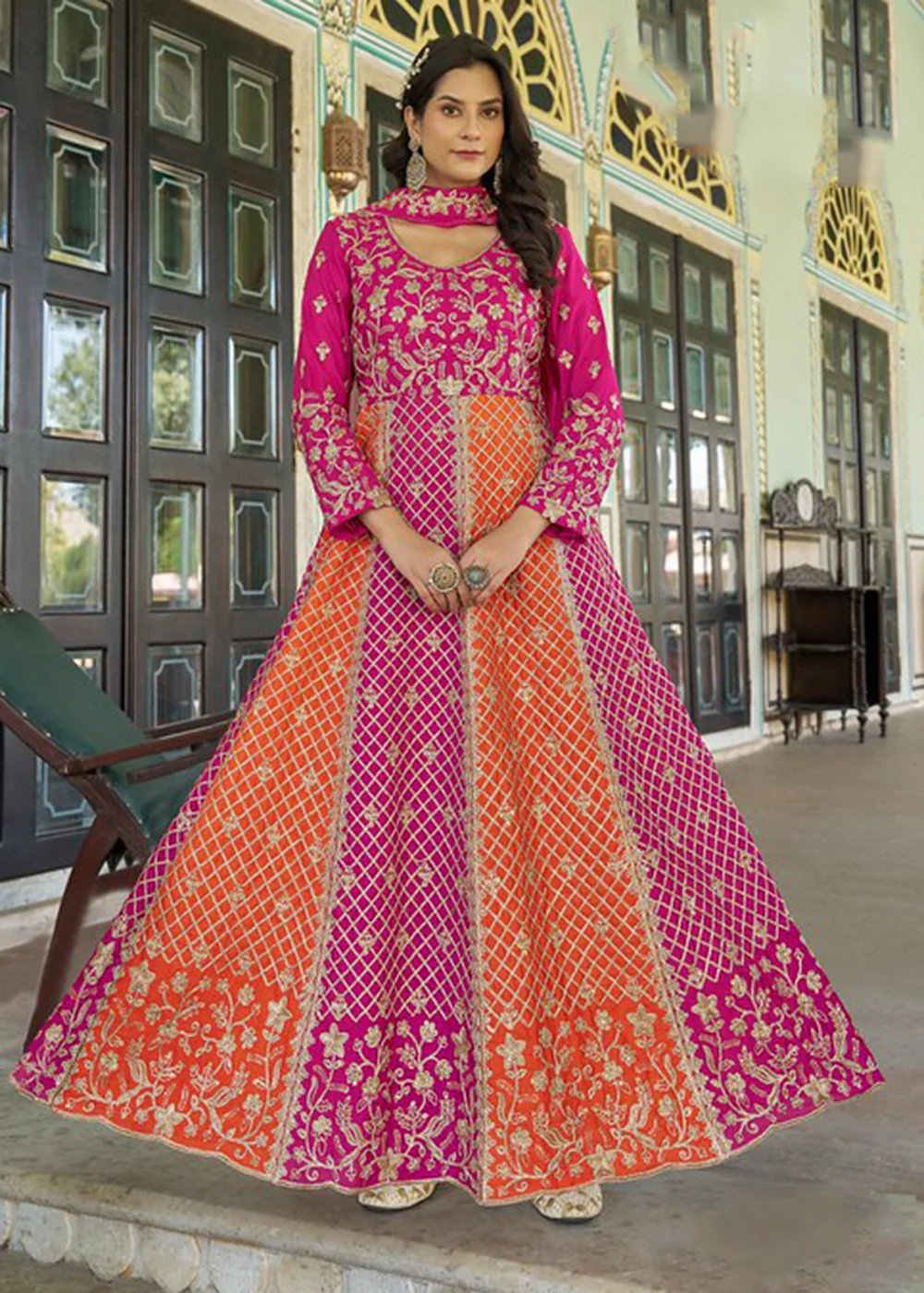 Pink & Orange Embroidered Festive Style Anarkali Suit - Image 5