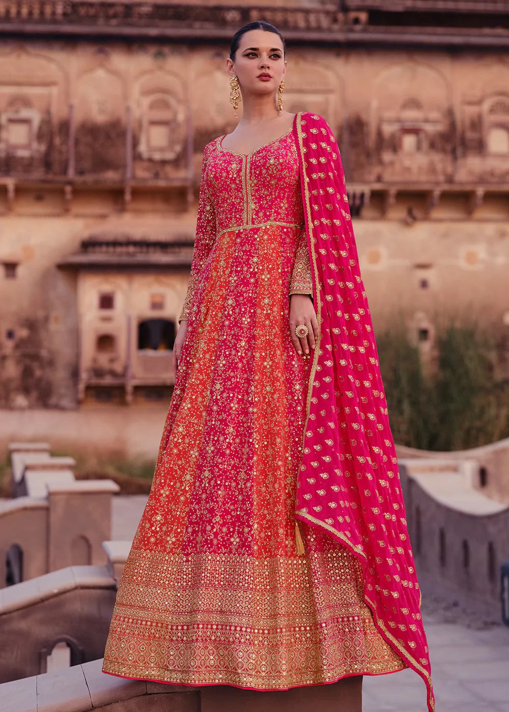 Pink & Orange Heavy Georgette Floor Length Anarkali Gown - Image 3
