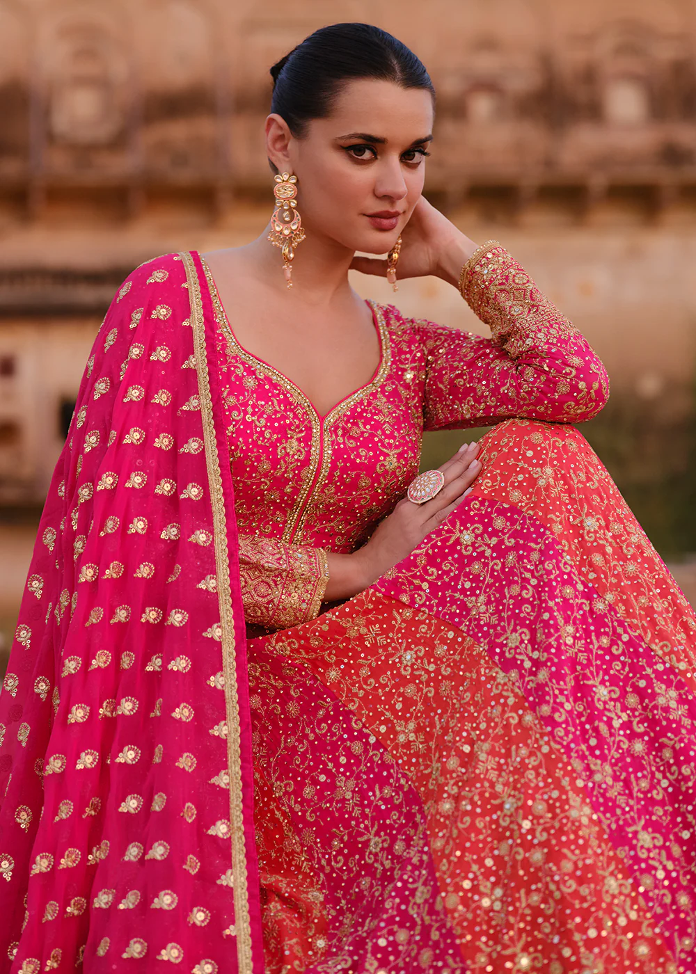 Pink & Orange Heavy Georgette Floor Length Anarkali Gown - Image 4