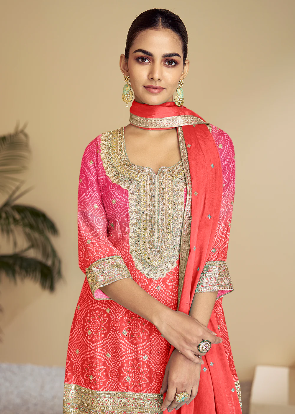 Pink & Orange Ombre Kurti Style Palazzo Style Suit - Image 2