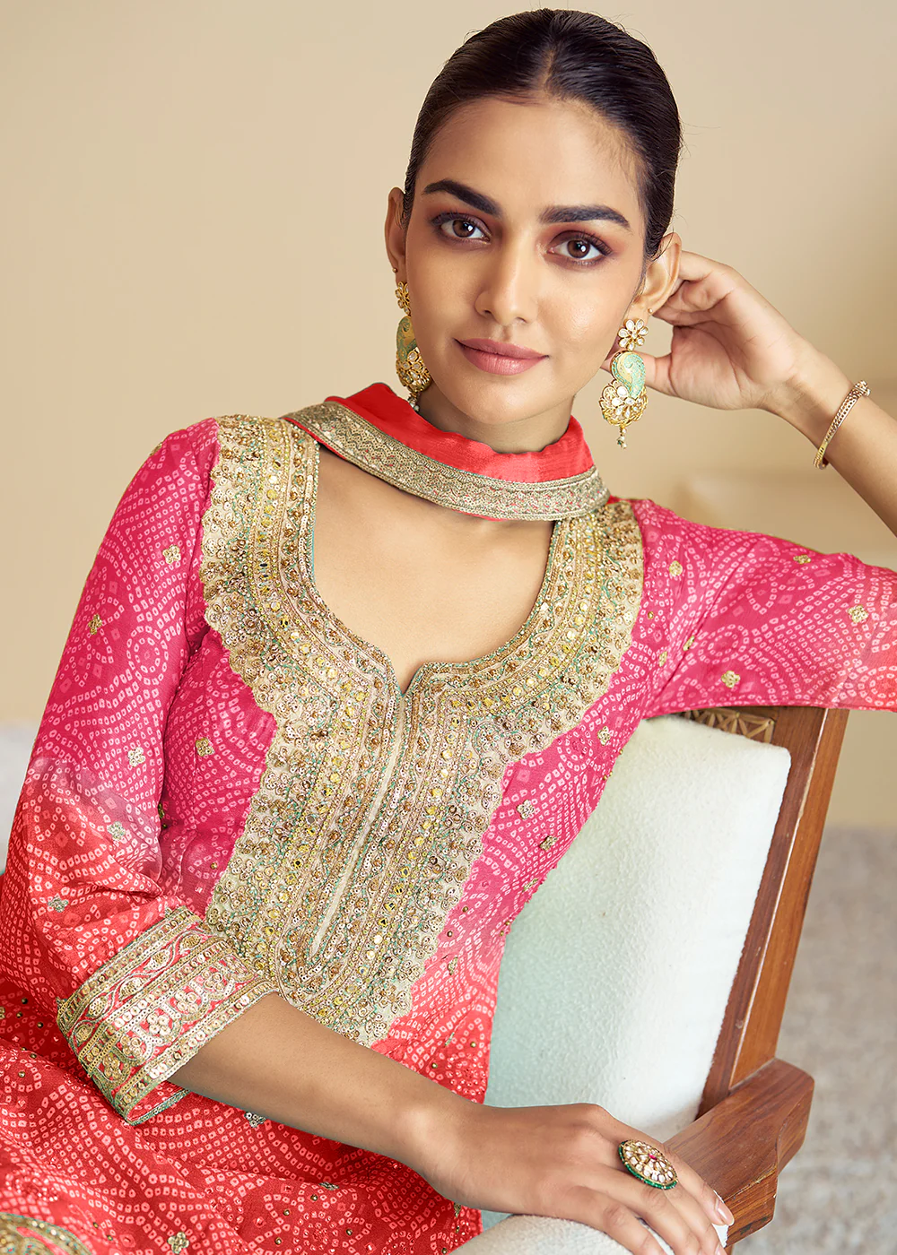 Pink & Orange Ombre Kurti Style Palazzo Style Suit - Image 3